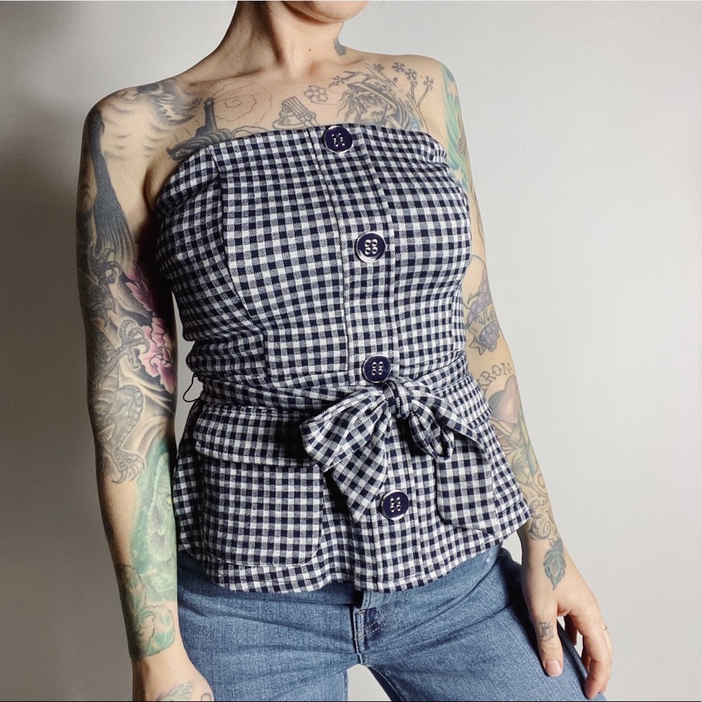 ANTHRO EVA FRANCO Gingham Strapless Tie Waist Top Blue White Womens Small